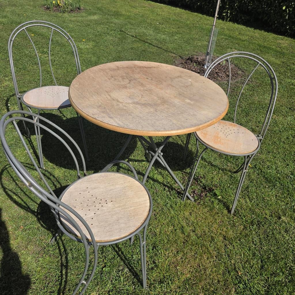 Tuintafel met 3 stoelen ronde tafel inklapbaar, Ophalen, Gebruikt, Rond