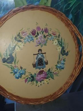 Leuk vintage rieten dienblad van hand geschilderd puntgaaf, Ophalen of Verzenden, Zo goed als nieuw