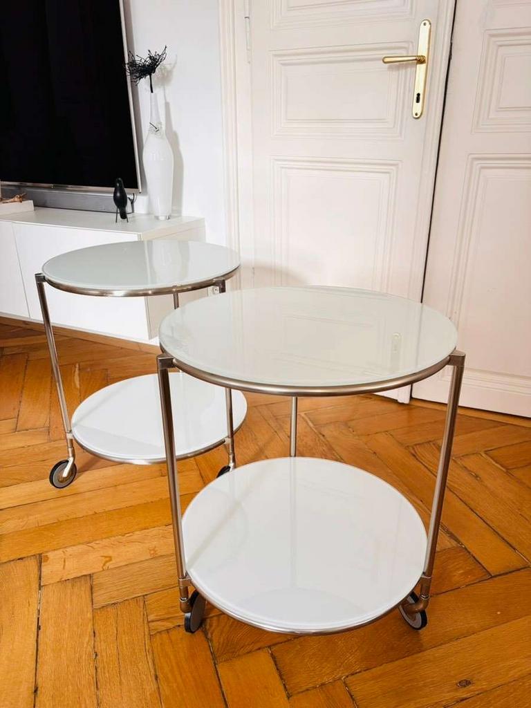 Set van 2 Strind bijzettafels IKEA Vintage jaren ‘90, Huis en Inrichting, Minder dan 55 cm, Metaal of Aluminium, Rond, Zo goed als nieuw