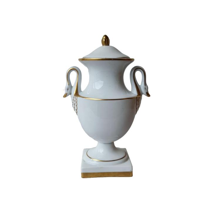 Portugees porseleinen zwanen deksel vaas, Huis en Inrichting, Woonaccessoires | Vazen, Zo goed als nieuw, Wit, Minder dan 50 cm