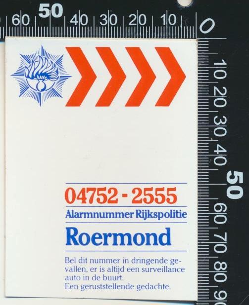 Sticker: Politie - Rijkspolitie Roermond - Alarmnummer, Verzamelen, Stickers, Zo goed als nieuw, Bedrijf of Vereniging, Ophalen of Verzenden