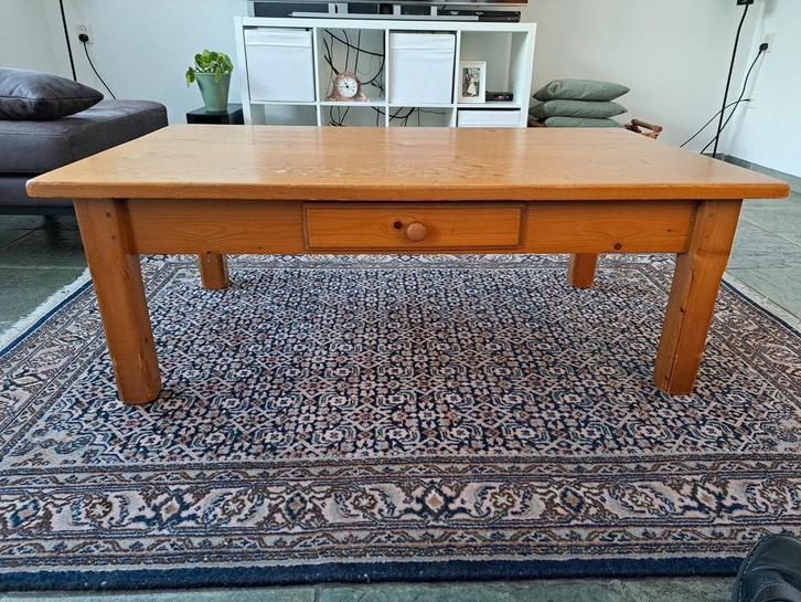 Oud-grenen salontafel met lade, Huis en Inrichting, Tafels | Salontafels, Gebruikt, Minder dan 50 cm, 50 tot 100 cm, 100 tot 150 cm