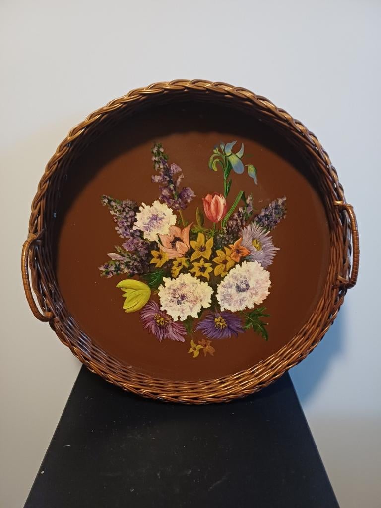 Mooie rieten dienblad met bloemmotief, Ophalen of Verzenden