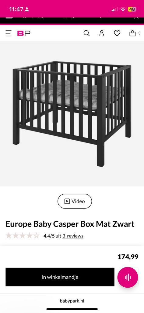 Europe Baby Casper Box Mat Zwart, Kinderen en Baby's, Boxen, Zo goed als nieuw, Vierkant, In hoogte verstelbaar, Ophalen