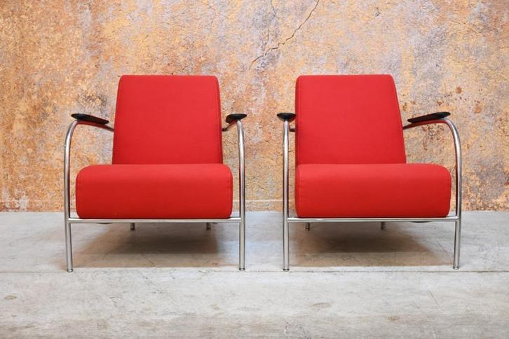 ZGANieuw 2 rode stoffen Harvink Columbus design fauteuils, Huis en Inrichting, Fauteuils, Zo goed als nieuw, Metaal, Stof, 50 tot 75 cm