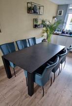 Eettafel zwart + 6 leder stoelen, Ophalen of Verzenden, Zo goed als nieuw