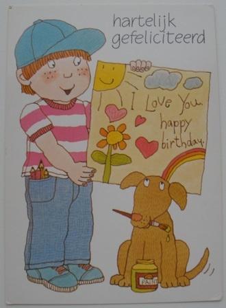 Felicitatiekaart met jongetje en hond., Verzamelen, Ansichtkaarten | Themakaarten, Ongelopen, 1980 tot heden, Feest(dag), Verzenden