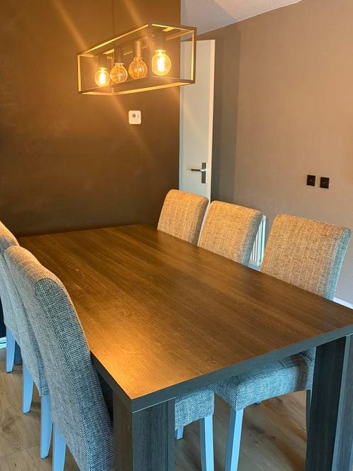 Handgemaakte hardhouten tafelset + 6 stoelen + salon tafel, Huis en Inrichting, Complete eetkamers, Zo goed als nieuw, Ophalen