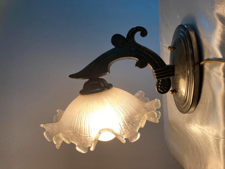 Vintage Wandlampje met Marmer Look & Geëtste Glazen Kap, Huis en Inrichting, Lampen | Wandlampen, Ophalen of Verzenden