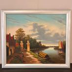 Schilderij met dorpsgezicht aan rivier – 68x58 cm