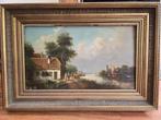 Schilderij rivier boatje met huisje, Antiek en Kunst, Kunst | Schilderijen | Klassiek, Ophalen of Verzenden