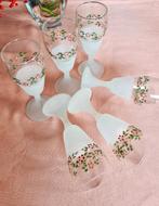 6 glazen emaille bloemmotieven met mat frosted steel-voet, Antiek en Kunst, Antiek | Glas en Kristal, Ophalen of Verzenden