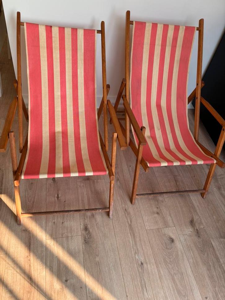 2 Retro houten verstelbare strandstoelen, Tuin en Terras, Tuinstoelen, Gebruikt, Hout, Inklapbaar, Ophalen of Verzenden