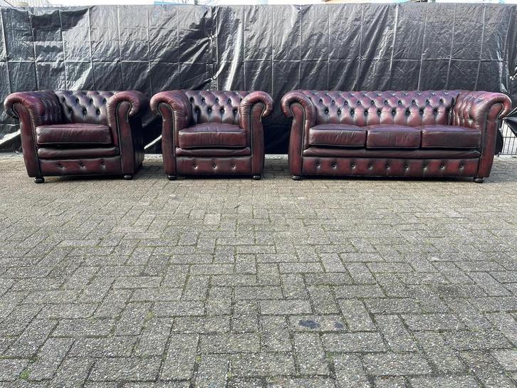 Chesterfield 3+1+1 zit bankstel roodbruin GRATIS BEZORGD, Huis en Inrichting, Banken | Bankstellen, Zo goed als nieuw, 75 tot 100 cm