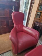 Rode leren fauteuil met poef, Ophalen, Gebruikt, 50 tot 75 cm, Leer