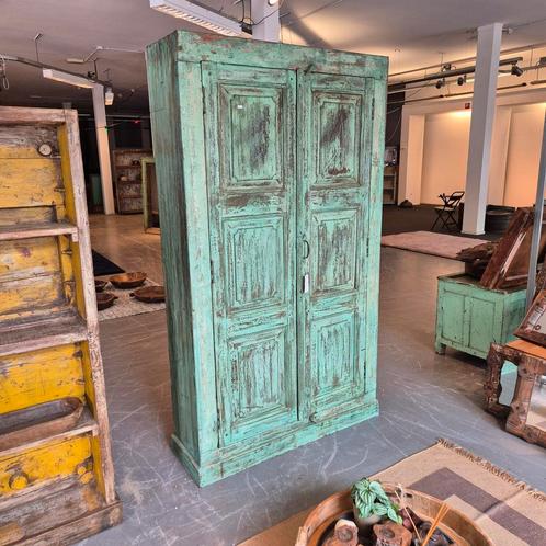 Boho Ibiza turquoise opbergkast dichte kast uit India, Huis en Inrichting, Kasten | Overige, Zo goed als nieuw, Ophalen of Verzenden