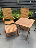 Tuinset opklapbaar 100% FSC hout - met kussens en voetenbank, Gebruikt, Stoel, Tuinset, Hout