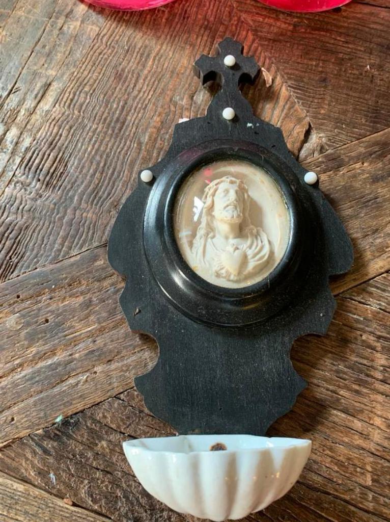 Antiek Wijwatervat met Jezus afbeelding, Antiek en Kunst, Ophalen of Verzenden