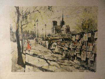 Litho naar aquarel Boekenkramen Seine Parijs gesign Herbelot beschikbaar voor biedingen