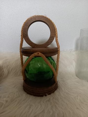 Oude Houten Scheepslamp  / Schipperslamp Groene Bol met Touw beschikbaar voor biedingen