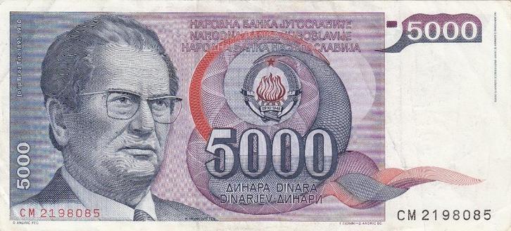 Joegoslavïe Tito - 5000 Dinar 1.5.1985 VF, CM 2198085 - P93, Postzegels en Munten, Bankbiljetten | Europa | Niet-Eurobiljetten