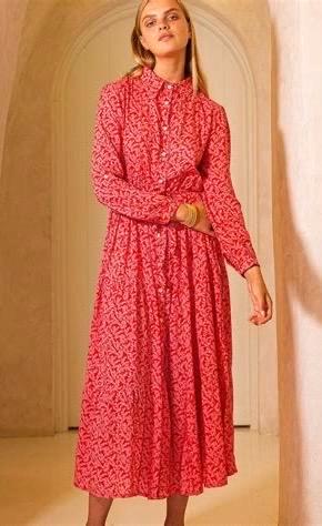 Prachtige roze/ rode maxi-jurk van Poppyfield, maat S, Kleding | Dames, Jurken, Zo goed als nieuw, Maat 36 (S), Roze, Onder de knie