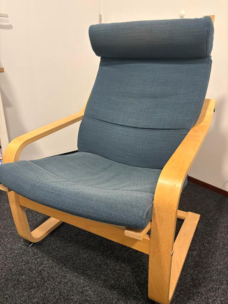 Ikea Poang fauteuil - berken fineer/blauw, Huis en Inrichting, Fauteuils, Gebruikt, Hout, 75 tot 100 cm, Ophalen of Verzenden
