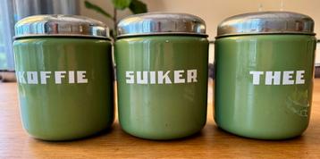 3x Vintage groene emaille keuken voorraad bussen beschikbaar voor biedingen