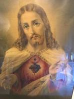 Brocante Antiek schilderij van Jezus Christus Heilig Hart, Antiek en Kunst, Ophalen of Verzenden