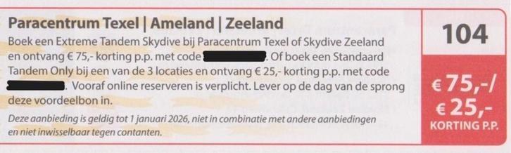 Paracentrum Texel-Ameland-Zeeland € 75,- korting p.p. Nr 104, Tickets en Kaartjes, Kortingen en Cadeaubonnen, Eén persoon, Kortingsbon