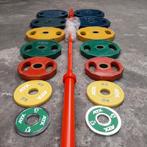 145 kilo Olympische Rubber Gewichten Set + Nieuwe Barbell, Ophalen, Zo goed als nieuw