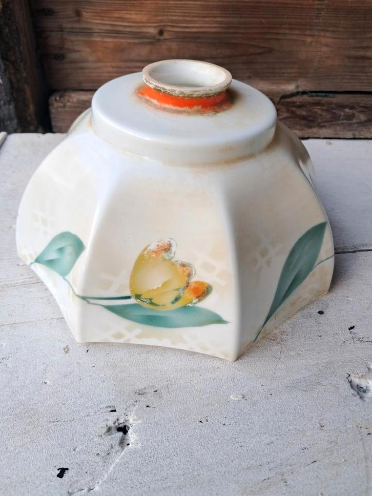 Vintage Lampenkap met Bloemmotief, Huis en Inrichting, Lampen | Lampenkappen, Gebruikt, Minder dan 25 cm, Ovaal, Wit, Crème, Groen