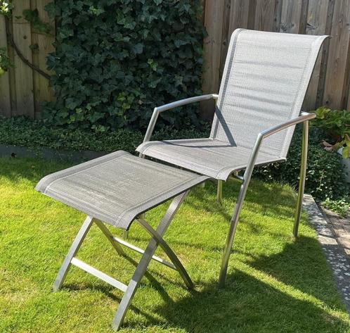 5 Tuinstoelen en 1 Krukje / Voetenbankje. Merk: 4 Seasons, Tuin en Terras, Tuinstoelen, Gebruikt, Rvs, Stapelbaar, Ophalen