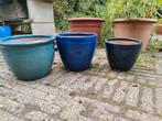3 azuurblauwe geglazuurde bloempotten terracotta blauw, Tuin en Terras, Bloempotten, Ophalen, Zo goed als nieuw, Rond, Minder dan 25 cm