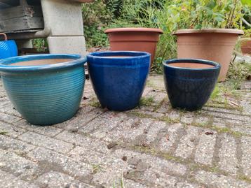 3 azuurblauwe geglazuurde bloempotten terracotta blauw beschikbaar voor biedingen