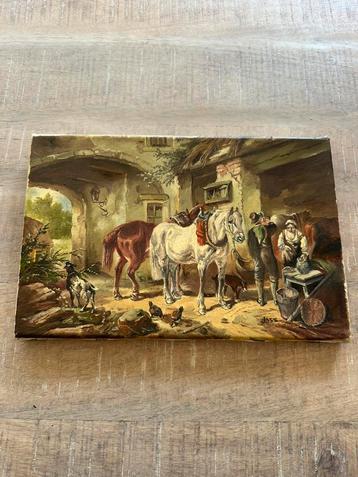 Vintage schilderij boerenerf met paarden beschikbaar voor biedingen