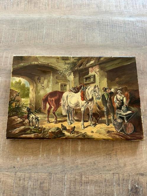 Vintage schilderij boerenerf met paarden, Antiek en Kunst, Kunst | Schilderijen | Klassiek, Ophalen of Verzenden