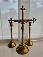 Antieke messing kandelaren met kruis set, Ophalen of Verzenden, Koper of Brons