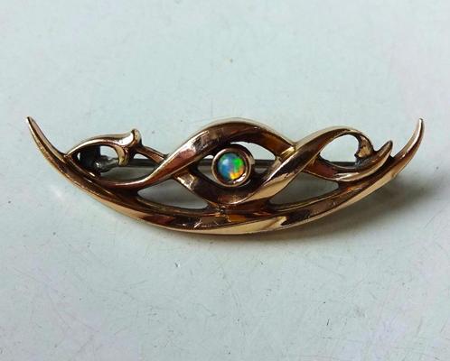 Art Nouveau goud op zilver broche: Australische opaal, Sieraden, Tassen en Uiterlijk, Antieke sieraden, Broche, Zilver, Met edelsteen