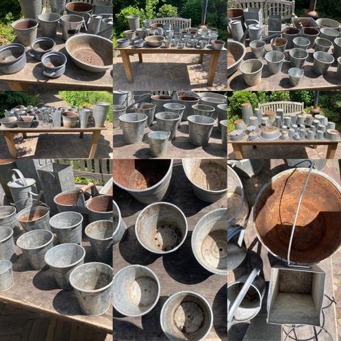 Veel zinken metalen teiltjes emmers potten potjes emmertjes, Tuin en Terras, Bloembakken en Plantenbakken, Gebruikt, Metaal, Binnen