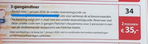 3-gangendiner 2 personen € 35,00 in Fletcher Hotel, Tickets en Kaartjes, Kortingen en Cadeaubonnen, Twee personen, Overige typen