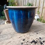 "Gevlamde" geglazuurde blauwe bloempot, Tuin en Terras, Bloembakken en Plantenbakken, Ophalen, Steen, Gebruikt, Minder dan 30 cm