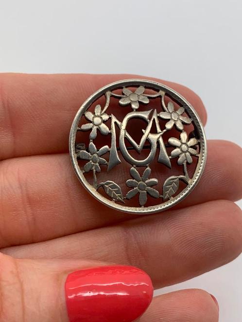 V874 Prachtige zilveren broche initialen MG, Sieraden, Tassen en Uiterlijk, Antieke sieraden, Broche, Zilver, Ophalen of Verzenden