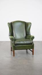 Groene en gladde rundleren Engelse chesterfield oorfauteuil, Ophalen, Gebruikt, ., .