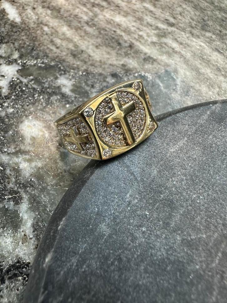 14K Gouden Ring met Kruis Design, Sieraden, Tassen en Uiterlijk, Ringen, Nieuw, Dame of Heer, 20 of groter, Goud, Met edelsteen