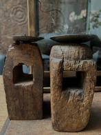 Oud houten klos kandelaar India sober oosters imperfect, Antiek en Kunst, Curiosa en Brocante, Ophalen of Verzenden