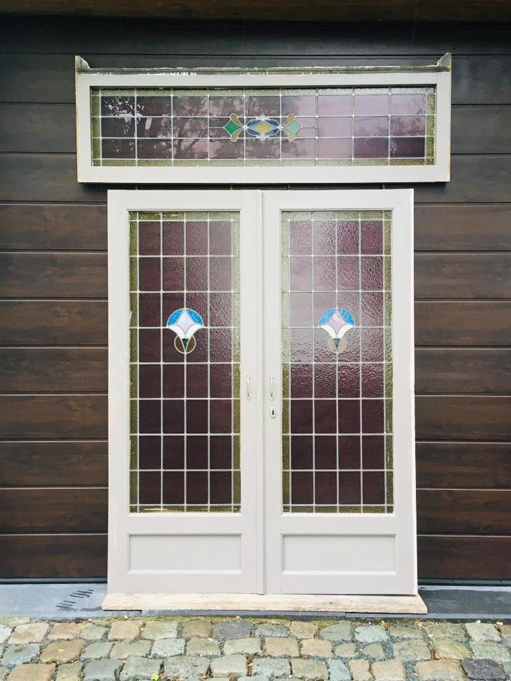 antieke glas in lood dubbele ensuite deur met bovenlicht, Doe-het-zelf en Verbouw, Deuren en Horren, Gebruikt, Binnendeur, 200 tot 215 cm