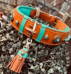 Halsband cognac leer teal turquoise nappa voering 50-60 cm, Ophalen of Verzenden, Handgemaakt, Nieuw