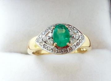 Schitterende gouden ring met smaragd en diamant 14 karaats beschikbaar voor biedingen