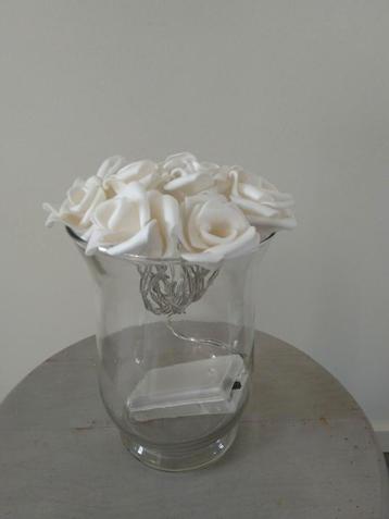 Windlicht van glas met witte rozen lichtsnoer. beschikbaar voor biedingen